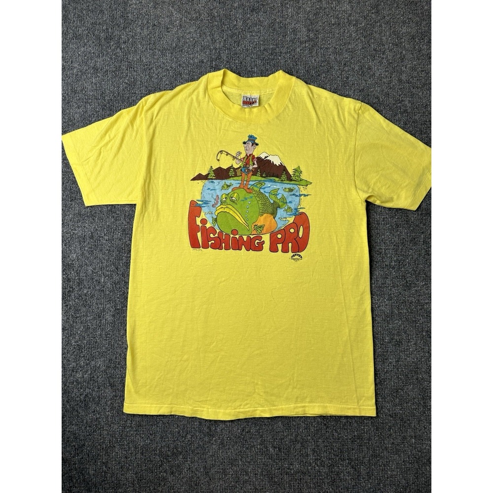 Mens T Shirt Hanes Fishing Pro Graphic Yellow USA 1980s, Size M
